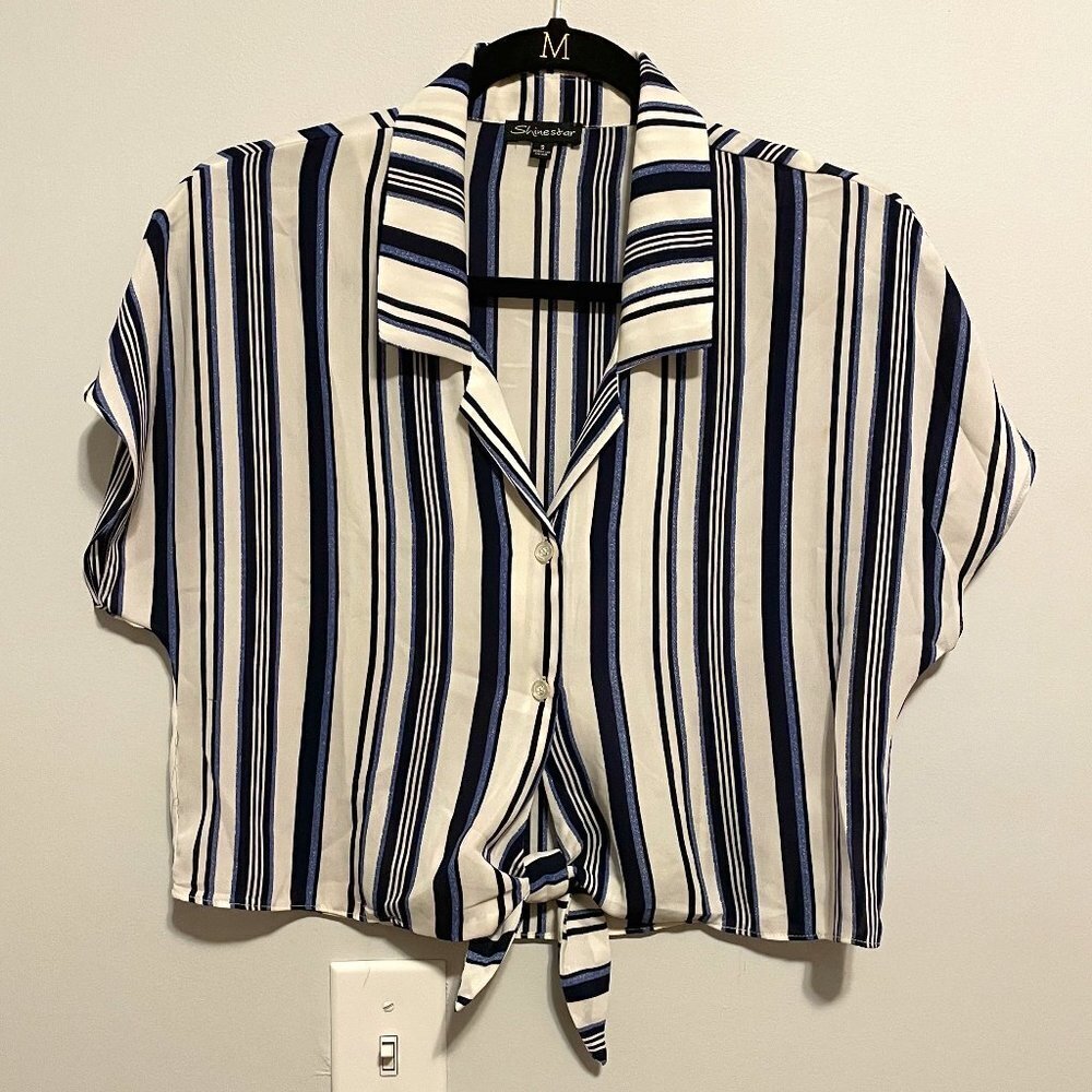 Shinestar - Blue, White & Black Striped Collared Tie-Front Crop Top - Size S​